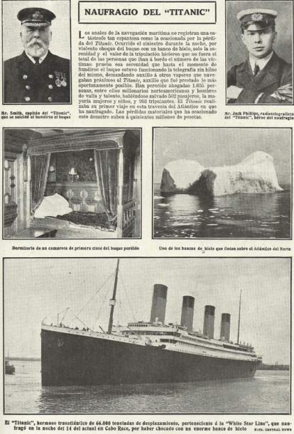 Otra página del mismo número del 25 de abril de 1912 de la revista 'Mundo Nuevo' que informa del naufragio del Titanic en la noche del 14 al 15 de abril en Cape Race, Terranova.