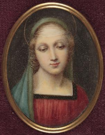 Madonna. A nivel técnico, esta obra está realizada sobre una sólida base de dibujo, por medio de pinceladas en ocasiones traslúcidas que, aprovechando las cualidades del marfil, dotan de gran luminosidad al rostro. Aunque se desconoce quién ha realizado esta miniatura, el autor ha tomado como referencia la obra