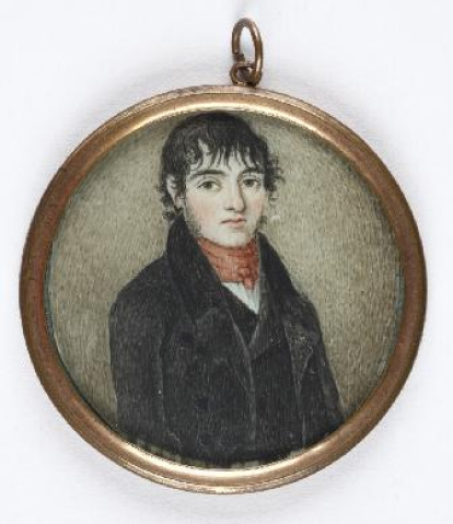 Miniatura circular con retrato masculino de medio cuerpo, levemente girado hacia su izquierda y dirigiendo la mirada al espectador, recortado sobre un fondo neutro pardo. Obra entregada en calidad de depósito por la Comisaría General del Patrimonio Artístico Nacional el 18 de junio de 1943.
