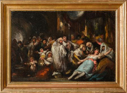 Escena religiosa donde aparece a la derecha una mujer moribunda, atendida por otras tres mujeres. En el centro de la escena, el sacerdote y en el lado izquierdo, en primer plano, una mujer con un niño y detrás diversos personajes. Obra entregada en calidad de depósito por el Ministerio de Cultura al Museo del Pueblo Español, el 23 de septiembre de 1978 (en copia mecanografiada se transcribe erróneamente 1971). La obra se encontraba en el Casón del Buen Retiro, sede de los almacenes de la Comisaría del Patrimonio Artístico desde 1971.