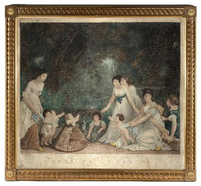 Escena familiar en la que aparecen varias mujeres con niños en un paisaje. Uno de los niños aparece dentro de una silla andadora en forma de cono, y se dirige hacia una de las mujeres que tiene los brazos extendidos hacía él. Esta estampa es un claro ejemplo del trabajo de esta artista cuyas obras se centran en lo sentimental y tienen a la mujer y a la infancia como uno de sus motivos principales. Obra procedente de la colección de José Arnaldo Weissberger Kahn (1878-1954) incautada el 1 de junio de 1939 por la Comisaría General del Servicio de Defensa del Patrimonio Artístico Nacional y depositada en el Museo Nacional de Artes Decorativas.