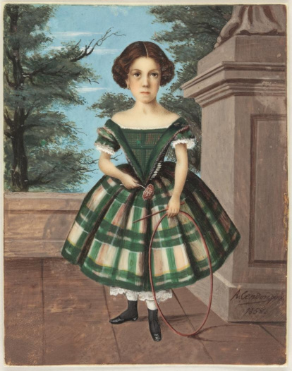 Miniatura rectangular con retrato de niña de cuerpo entero, sobre un fondo al aire libre. La miniatura está fechada en 1858 y firmada por R. Cendón, autor que no ha sido posible identificar. Obra entregada en calidad de depósito por la Comisaría General del Patrimonio Artístico Nacional el 18 de junio de 1943.