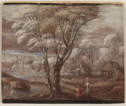 Paisaje en formato rectangular, con un gran árbol en primer término, centrando la composición. Obra entregada en calidad de depósito por la Comisaría General del Patrimonio Artístico Nacional el 18 de junio de 1943.