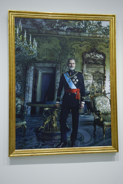 Felipe VI, con uniforme de gran etiqueta del Ejército de Tierra, retratado por la fotógrafa Annie Leibovitz, durante la presentación de los retratos de sus majestades. EFE/ Blanca Millez