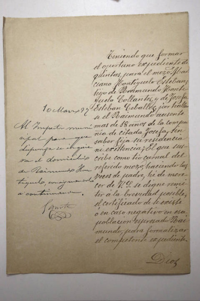Imagen de uno de los documentos de las quintas para el soldado Marciano Hortiguela.