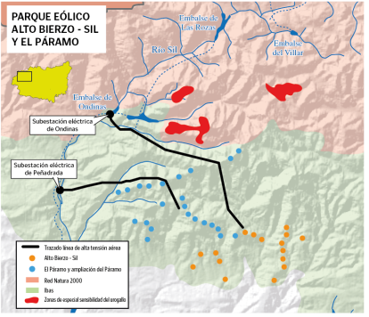 Plano de la zona afectada por los proyectos eólicos en el Alto Sil.