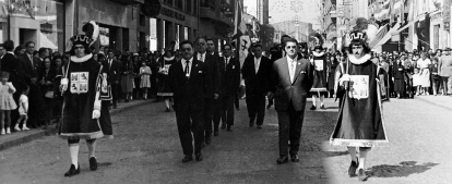 Profesionales de la ciudad y autoridades municipales recorren en procesión la avenida José Antonio acompañados por los maceros.