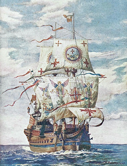 Un galeón español en un grabado.