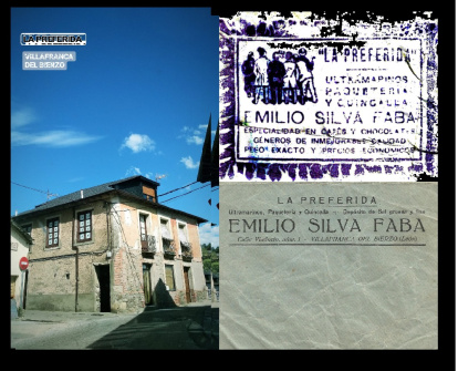 Edificio que ocupó 'La Preferida' y sello del comerciante Emilio Silva Faba.