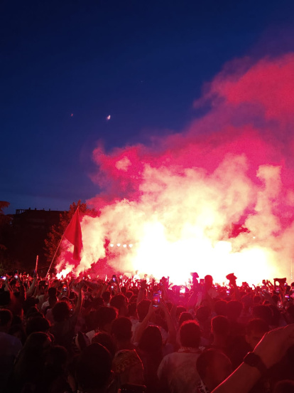 La afición de la Cultural celebra el ascenso a Segunda División de la Cultural en Guzmán.