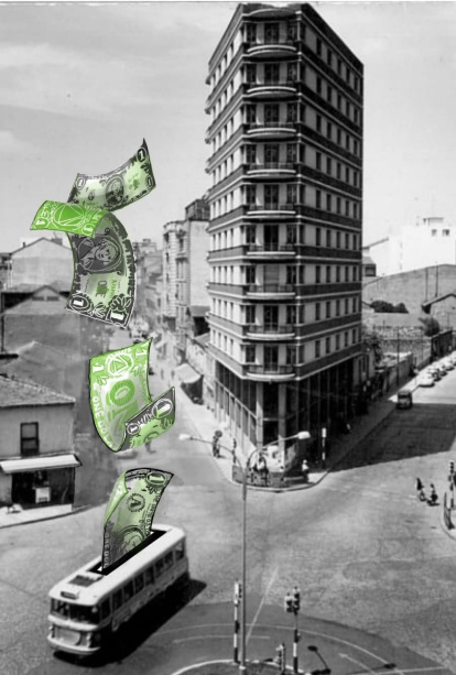 Simbólica ilustración de Juan José Albares a partir de la postal de la plaza Lazúrtegui.'