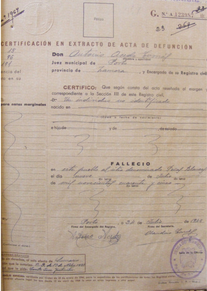 Expediente de defunción que confirma que no fue Girón a quien dieron por muerto en Porto (Zamora) en 1945.