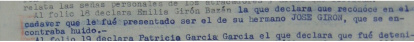 Documento que recoge la declaración de Emilia Girón tras la supuesta identificación de Manuel Girón muerto en Castropodame en 1940.