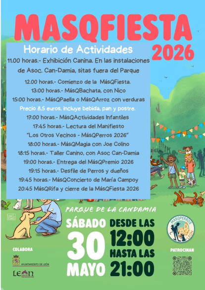 Cartel con los horarios y actividades de la MasQFiesta de MasQPerros.