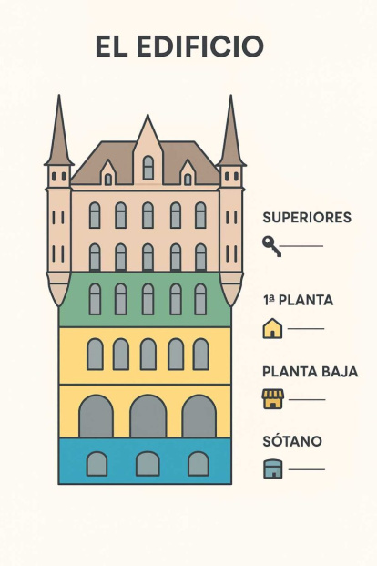 Gaudí diseñó la Casa Botines con una distribución innovadora: sótano para almacén, planta baja comercial, primera planta residencial y pisos superiores destinados al alquiler.