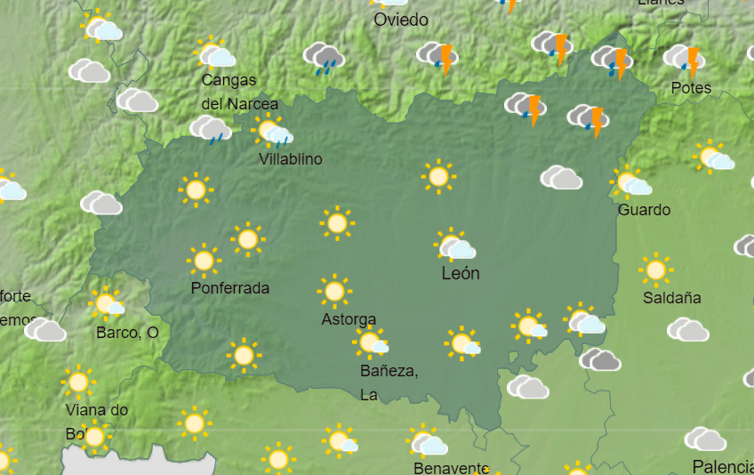 Mapa de la Agencia Estatal de Meteorología con la predicción del estado del cielo para hoy en León a las 15.00 horas,  AEMET