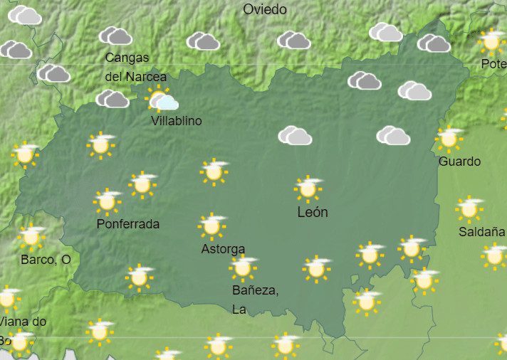 Mapa con el estado del cielo para hoy a mediodía en León, según la información publicada por la Agencia Estatal de Meteorología. AEMET